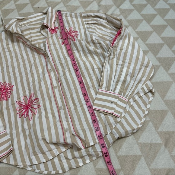 Tanya Taylor davina embroidered stripe floral button down shirt beige pink - Picture 3 of 4